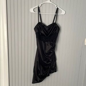 Effordram Black Spaghetti Strap Sexy Black Asymmetrical Silky Lace Dress | Large